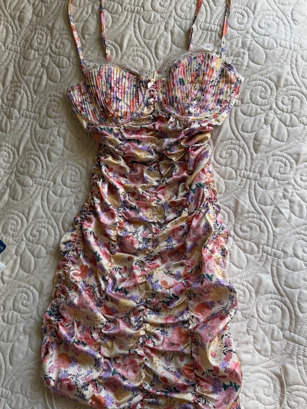For Love & Lemons Pastel Pink Floral Ruched Bustier Mini Dress